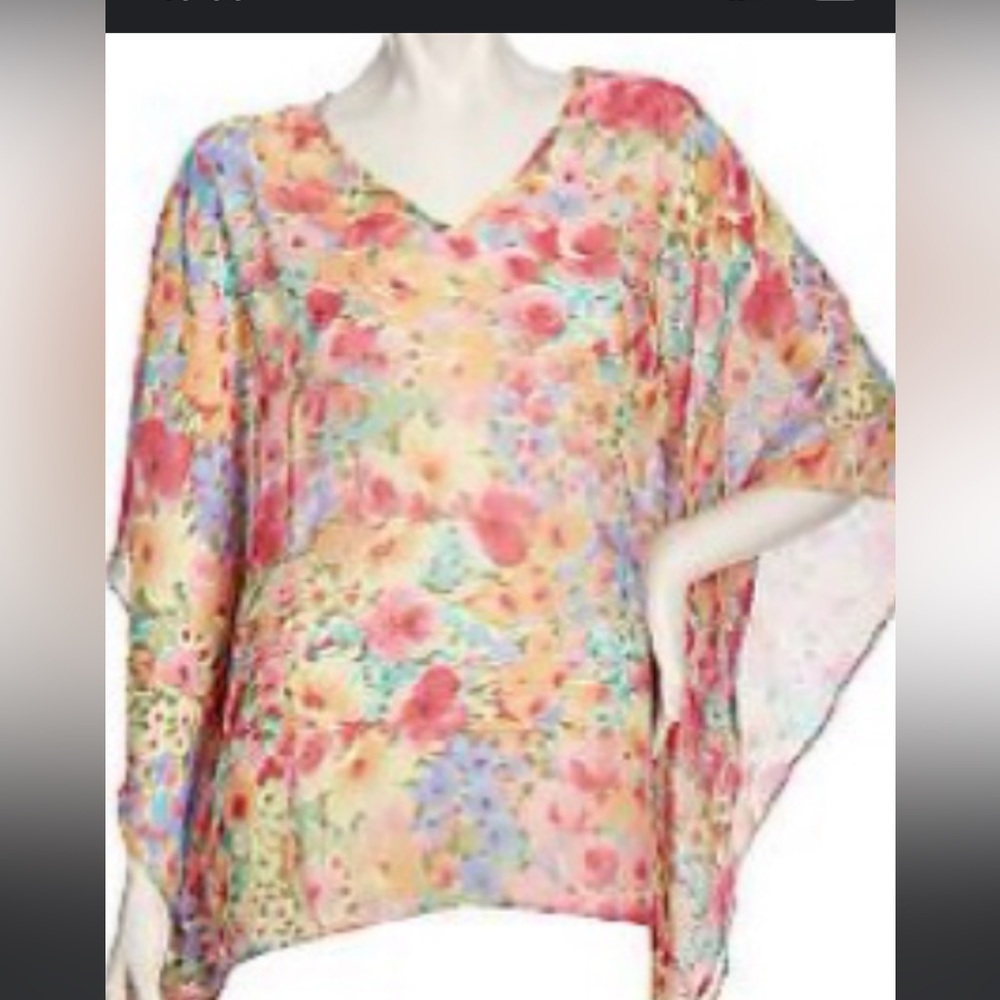 50%off w❤️ Susan Graver Poncho Cover Up Blouse M floral Sheer Chiffon 84